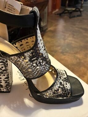Calvin Klein Black and White Snake-Print Block Heel Sandals